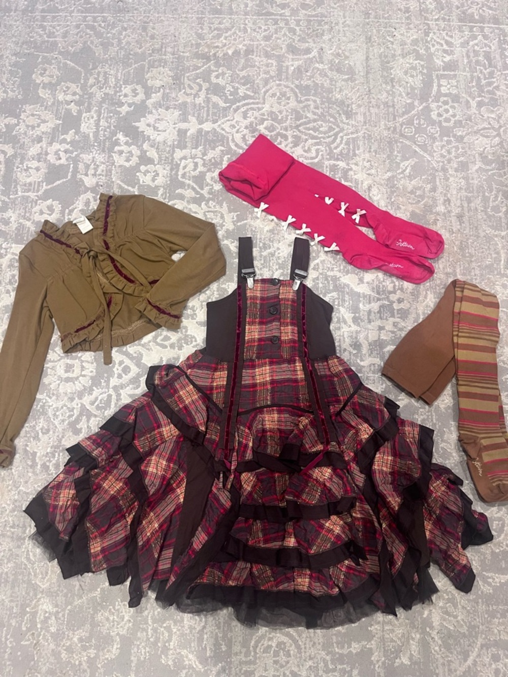 Stunning Jottum Girls Outfit Set | Plaid Ruffle Dress, Cardigan & Tights 6 (116)